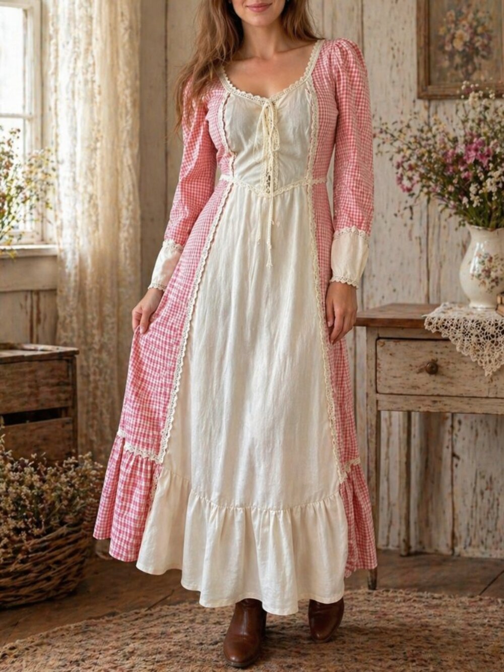 Vintage Gunne Sax Jessica Mcclintock Prairie Boho Corset Dress Checkered Red